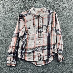 Maurices Women Top Large White Pink Plaid Button Front Boho Casual Fall Layering